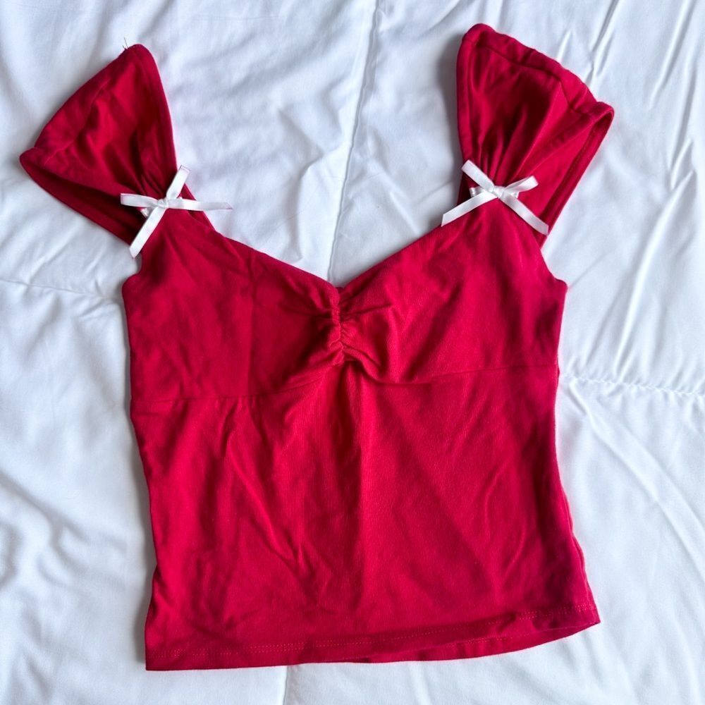 Full Tilt Red Crop Top with White Bow Accents